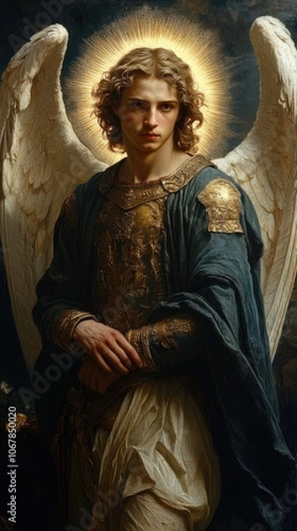 Fototapeta Heavenly protector: Archangel Michael portrayed in celestial glory, showcasing powerful imagery and divine aura, symbolizing bravery and guidance .