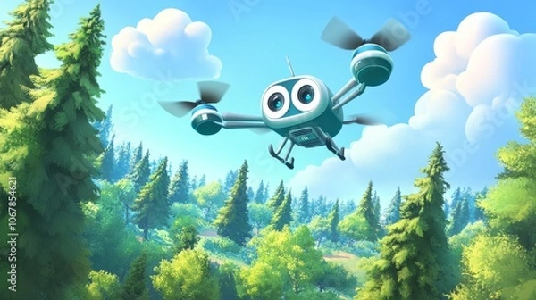 Fototapeta Cartoon Drone Collecting Data Over Forest