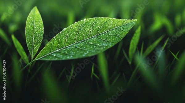 Obraz Dew drops on green leaf, close-up, macro, nature, foliage, bokeh.