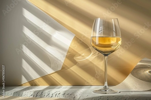 Fototapeta A glass of wine is sitting on a table in front of a window