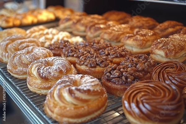 Fototapeta Assortment of freshly baked pastries. The photo is perfect for illustrating food blogs, articles, and social media posts.