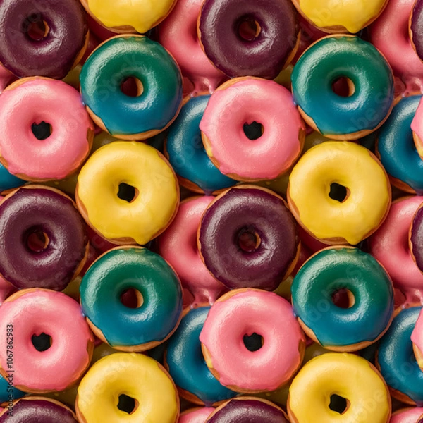Fototapeta Donuts seamless pattern, top-view photo. Each doughnut has vivid solid colored icing without sprinkles.