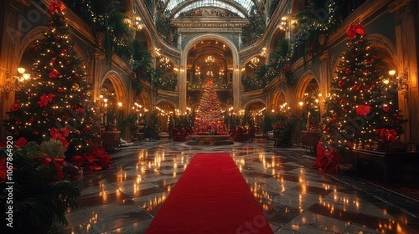 Fototapeta Grand and opulent Christmas interior with a red carpet leading to a decorated Christmas tree in a large hall.