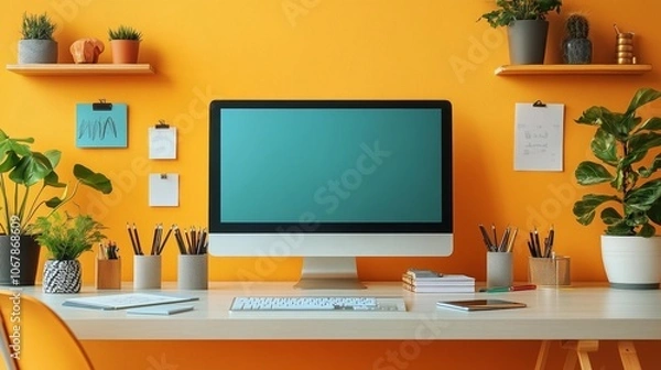 Fototapeta Creative Workspace with Desktop Monitor and Supplies. Generative AI