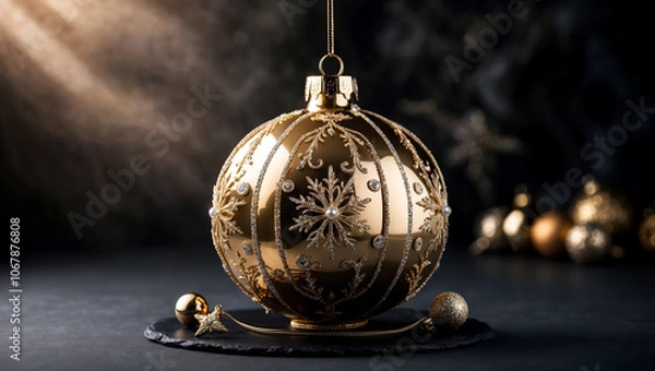 Obraz Golden Christmas ornament with intricate floral design on a blurred dark wooden background, Christmas ornaments decoration background with copy space for text, Merry Christmas wallpaper