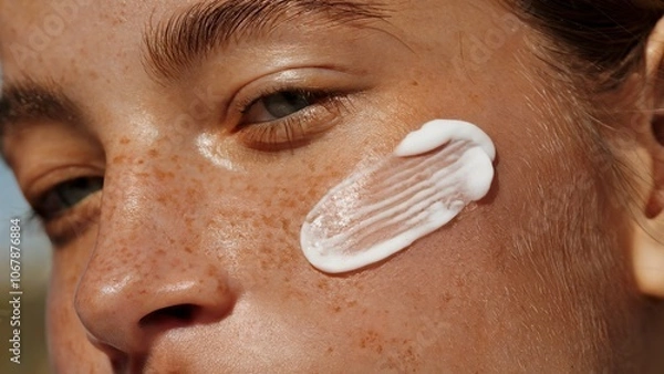 Fototapeta A close up of a gentle sunscreen lotion cream swatch on a sun-kissed woman
