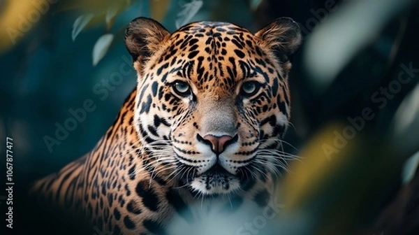 Fototapeta A close-up portrait of a jaguar looking directly at the camera, with green foliage in the background.