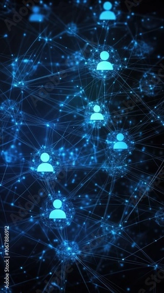 Fototapeta Social media network connection, people icons on black background. Global internet technology and online data exchange
