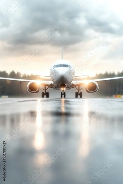 Fototapeta Air travel dynamics. an aircraft in action showcasing global logistics, airport infrastructure, and aviation technology, emphasizing safety, environmental 