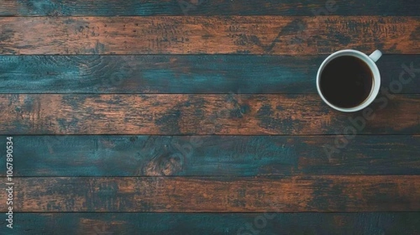 Fototapeta A top-down view of a coffee cup on a rustic wooden table.