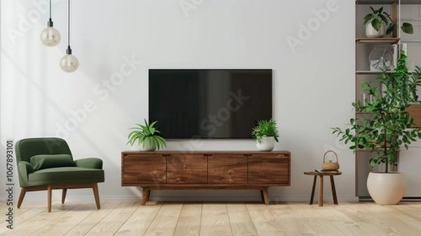 Fototapeta Minimalist Living Room with Green Accents and Wooden Furniture