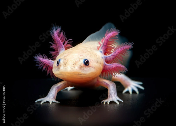 Fototapeta Cute albino Axolotl or water dog, water monster on isolated black background. Ambystoma mexicanum is salamander found in lakes and canals in southern part of Mexico