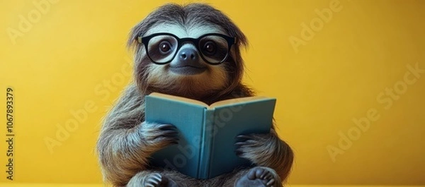 Obraz Happy sloth wearing glasses and reading a book against a cozy backdrop