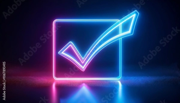 Fototapeta A glowing neon checkmark inside a square outline, set against a dark background, symbolizes approval and completion.