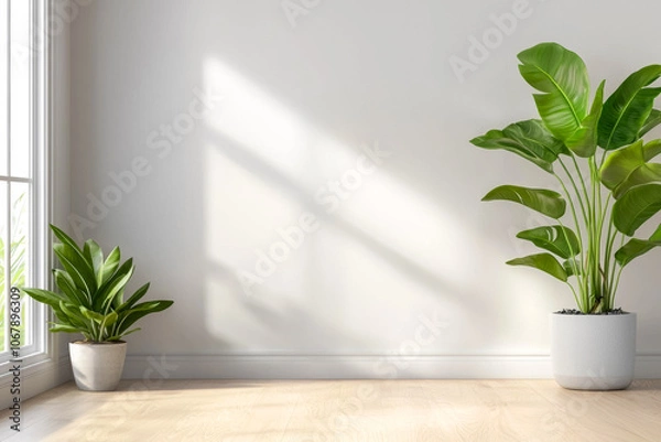 Fototapeta A white room with a large window and two potted plants