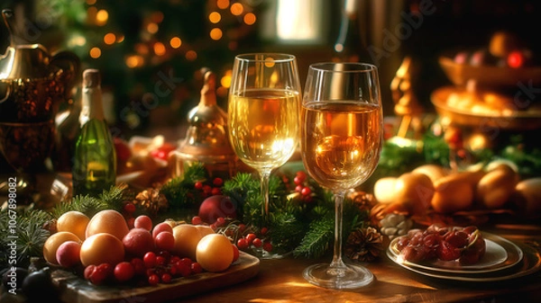 Fototapeta Festive holiday table setting with wine glasses, fresh fruits, and Christmas decorations against bokeh lights background, creating warm and cozy atmosphere.
