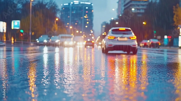 Fototapeta rainy urban street at night, showcasing reflections on wet pavement and illuminated vehicles. scene captures mood of bustling city under rain, with vibrant lights and sense of movement