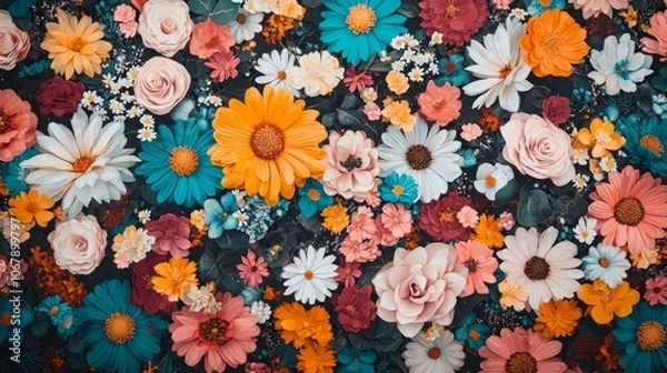 Fototapeta A vibrant arrangement of colorful flowers creating a lively floral pattern.