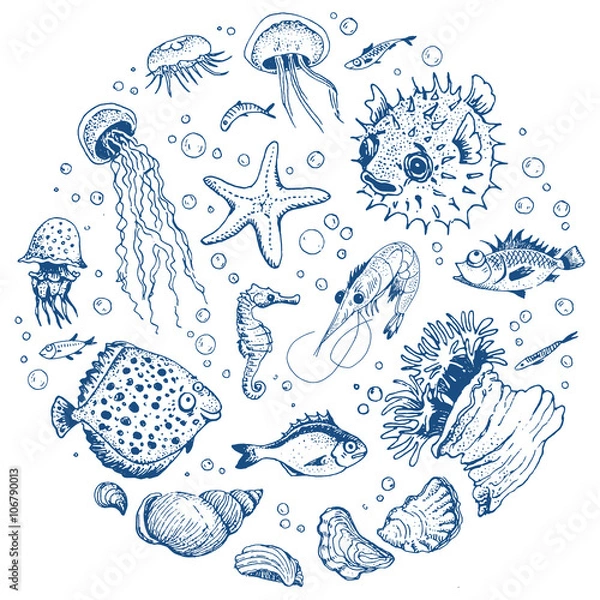 Obraz Sea life hand drawn set
