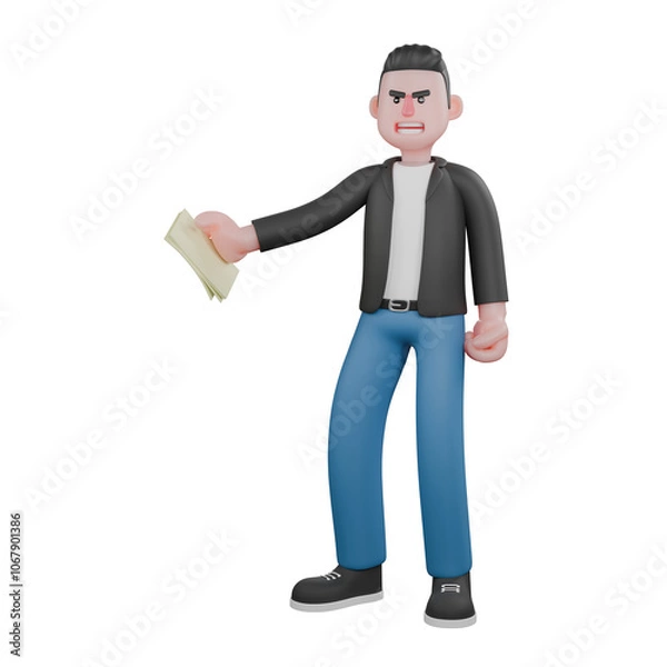 Fototapeta Singing Musician in 3D. a male musician is standing while his right hand is extending a paper to the right side and his left is holding. Animated Style