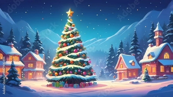 Fototapeta picture of a decorated Christmas tree in cartoon style on a white background