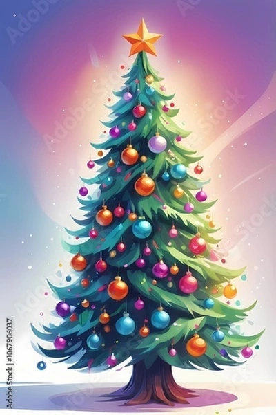 Fototapeta picture of a decorated Christmas tree in cartoon style on a white background
