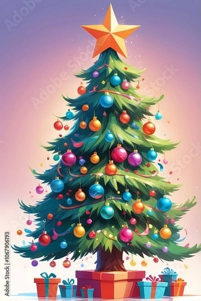 Fototapeta picture of a decorated Christmas tree in cartoon style on a white background