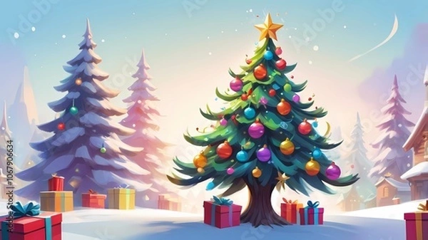 Fototapeta picture of a decorated Christmas tree in cartoon style on a white background