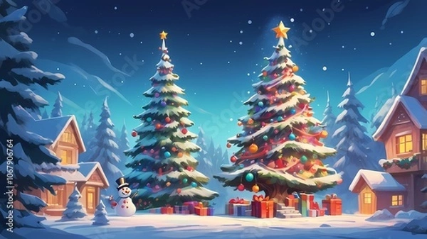Fototapeta picture of a decorated Christmas tree in cartoon style on a white background