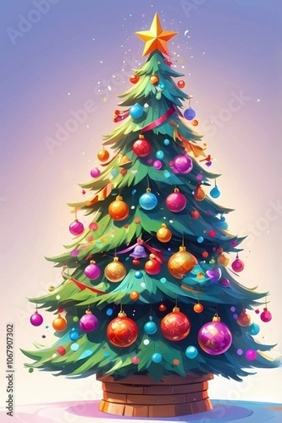 Fototapeta picture of a decorated Christmas tree in cartoon style on a white background
