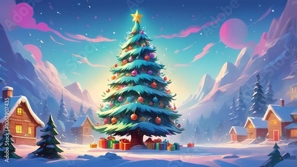 Fototapeta picture of a decorated Christmas tree in cartoon style on a white background