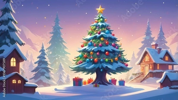 Fototapeta picture of a decorated Christmas tree in cartoon style on a white background