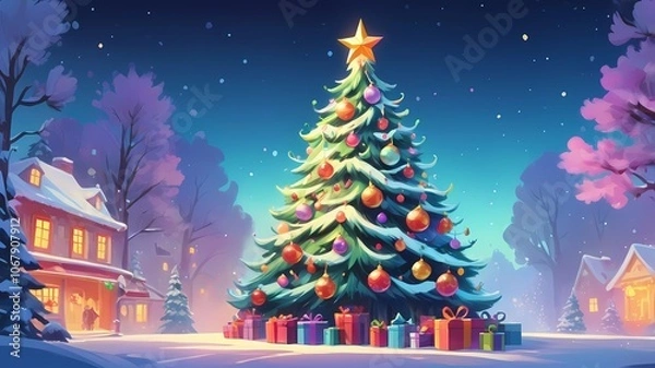 Fototapeta picture of a decorated Christmas tree in cartoon style on a white background