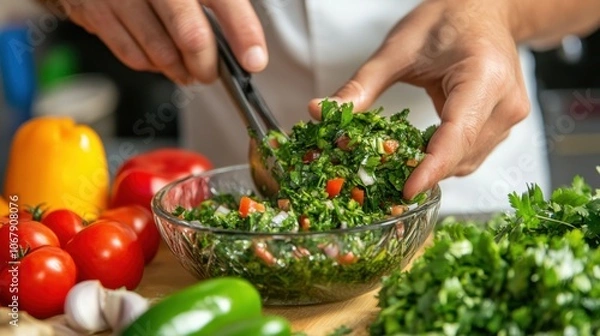 Fototapeta Chef Preparing Fresh Chimichurri with Colorful Ingredients