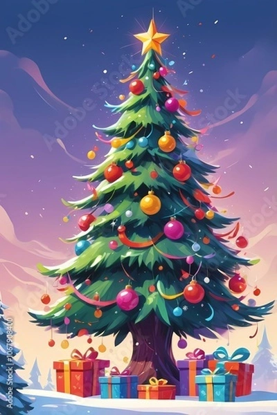 Fototapeta picture of a decorated Christmas tree in cartoon style on a white background