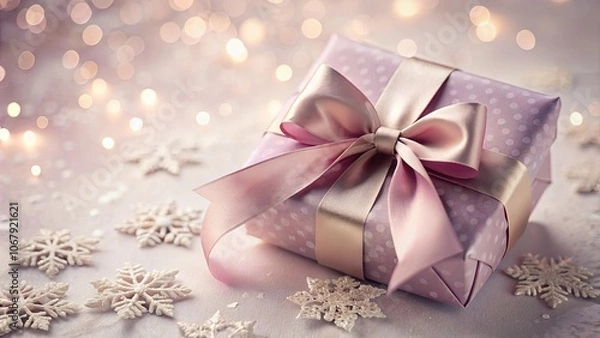 Fototapeta A Festive Gift Wrapped in Delicate Pink Paper with a Satin Bow and Surrounded by Glittering Snowflakes and Warm Lights