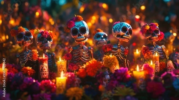 Fototapeta A group of colorful Day of the Dead sugar skeletons surrounded by flowers and candles in San Miguel De Allende, capturing the essence of Mexican culture and tradition