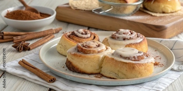 Obraz Freshly baked cinnamon rolls with a sweet vanilla glaze, sprinkled with cinnamon and a hint of star anise, served on a pale blue plate with a white napkin