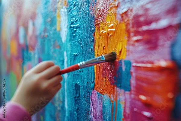 Fototapeta children painting a mural with messages of peace and love.
