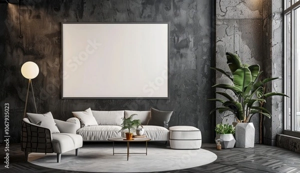 Fototapeta A large white poster frame is mounted on the wall of an elegant living room. Next to it is a sofa and armchair, with a round coffee table and a potted plant nearby