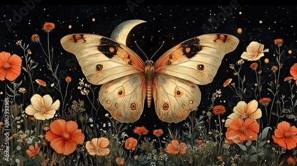 Fototapeta A boho butterfly and moon with flowers and herbs set against a black background evoke mystical, spiritual, and magical card designs.
