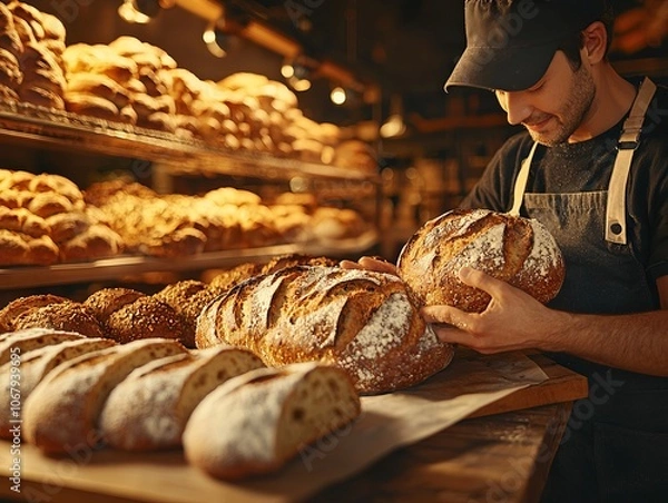 Fototapeta A baker carefully handling fresh loaves of bread in a warm bakery setting.