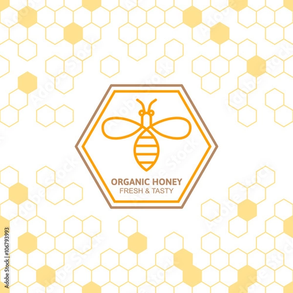 Obraz Zarys symbol wektor pszczoły i bezszwowe tło z plastra miodu. Liniowe logo miodu organicznego, etykiety, elementy projektu tagów. Koncepcja opakowania miodu, baner, zawijanie. Streszczenie tło żywności.