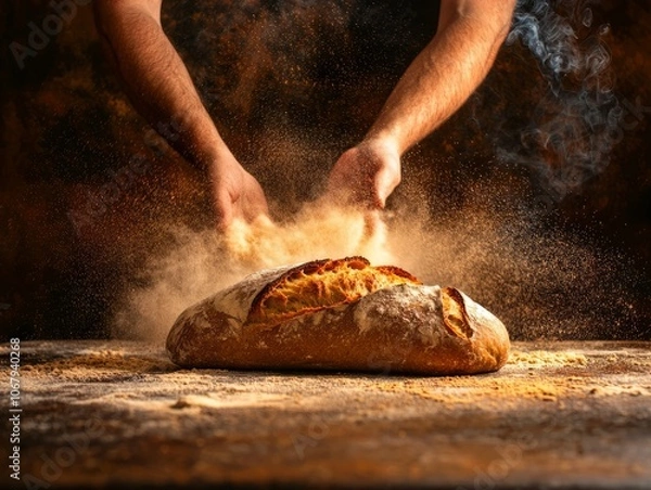 Fototapeta A baker shaping bread with flour dust in a rustic kitchen setting.