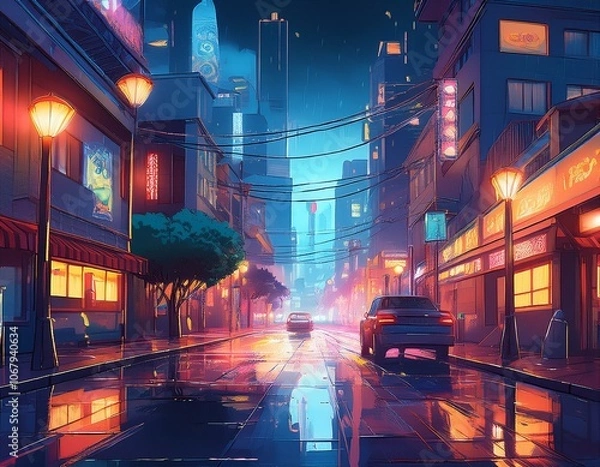 Fototapeta Anime-style city at night with glowing streetlights and rain-soaked streets, capturing a moody, atmospheric urban scene