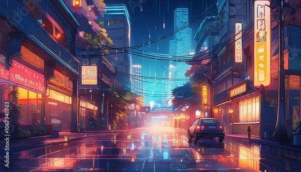 Fototapeta Anime-style city at night with glowing streetlights and rain-soaked streets, capturing a moody, atmospheric urban scene