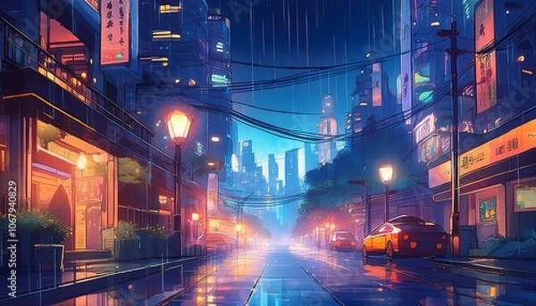 Fototapeta Anime-style city at night with glowing streetlights and rain-soaked streets, capturing a moody, atmospheric urban scene