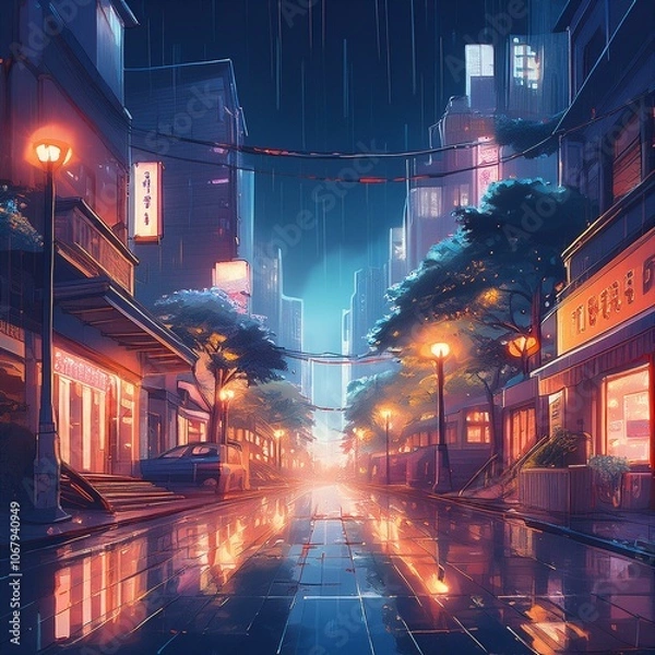 Fototapeta Anime-style city at night with glowing streetlights and rain-soaked streets, capturing a moody, atmospheric urban scene