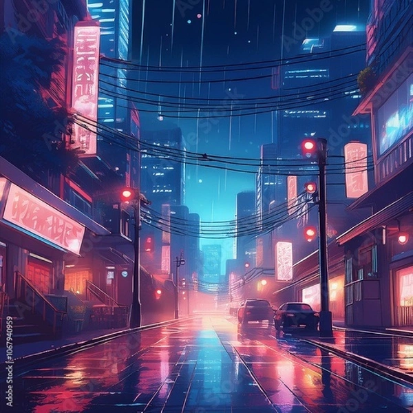 Fototapeta Anime-style city at night with glowing streetlights and rain-soaked streets, capturing a moody, atmospheric urban scene