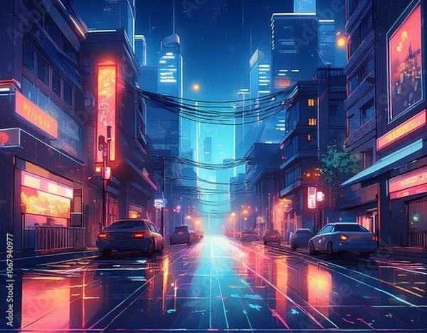 Fototapeta Anime-style city at night with glowing streetlights and rain-soaked streets, capturing a moody, atmospheric urban scene